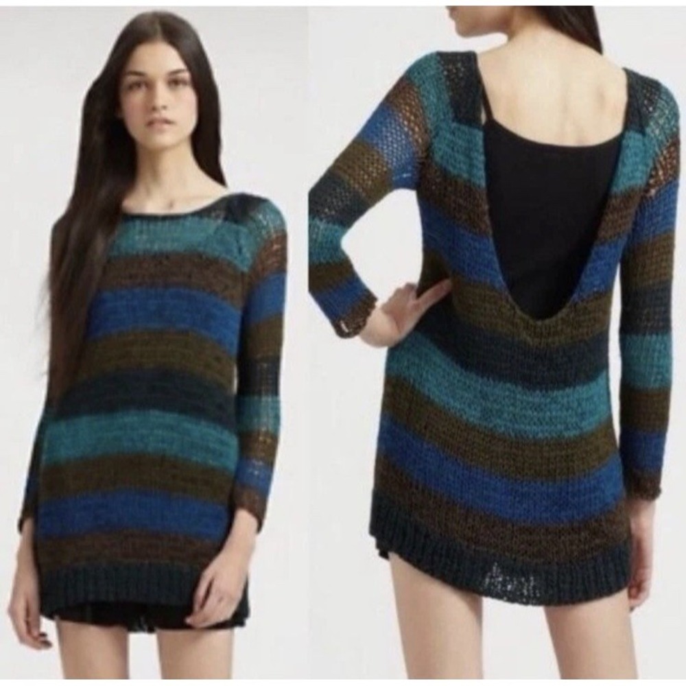 Theory Open Knit Sweater Tunic Women's S Blue Brown Striped Boho Y2K Layers
